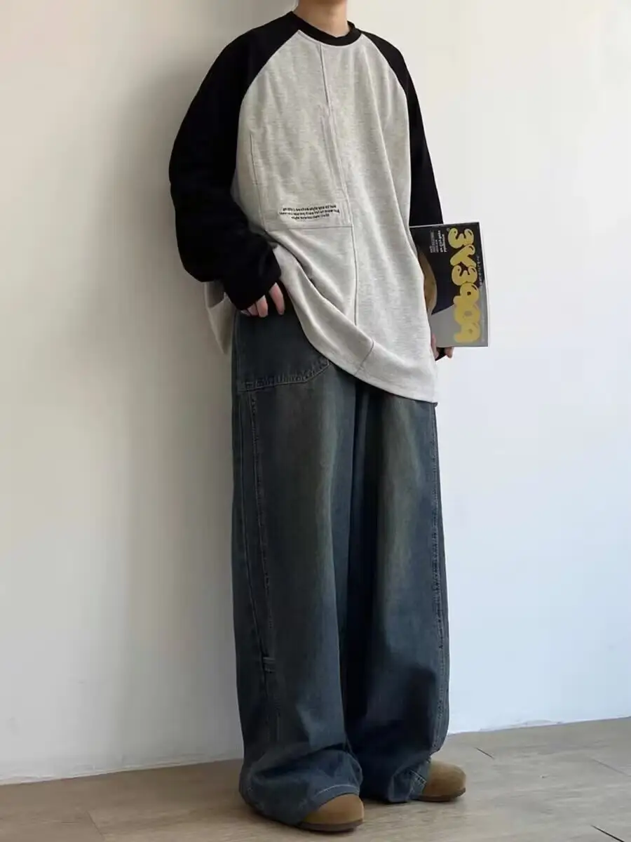 Men Wide Leg Distressed Jeans American Design High Street Washed — feature 11