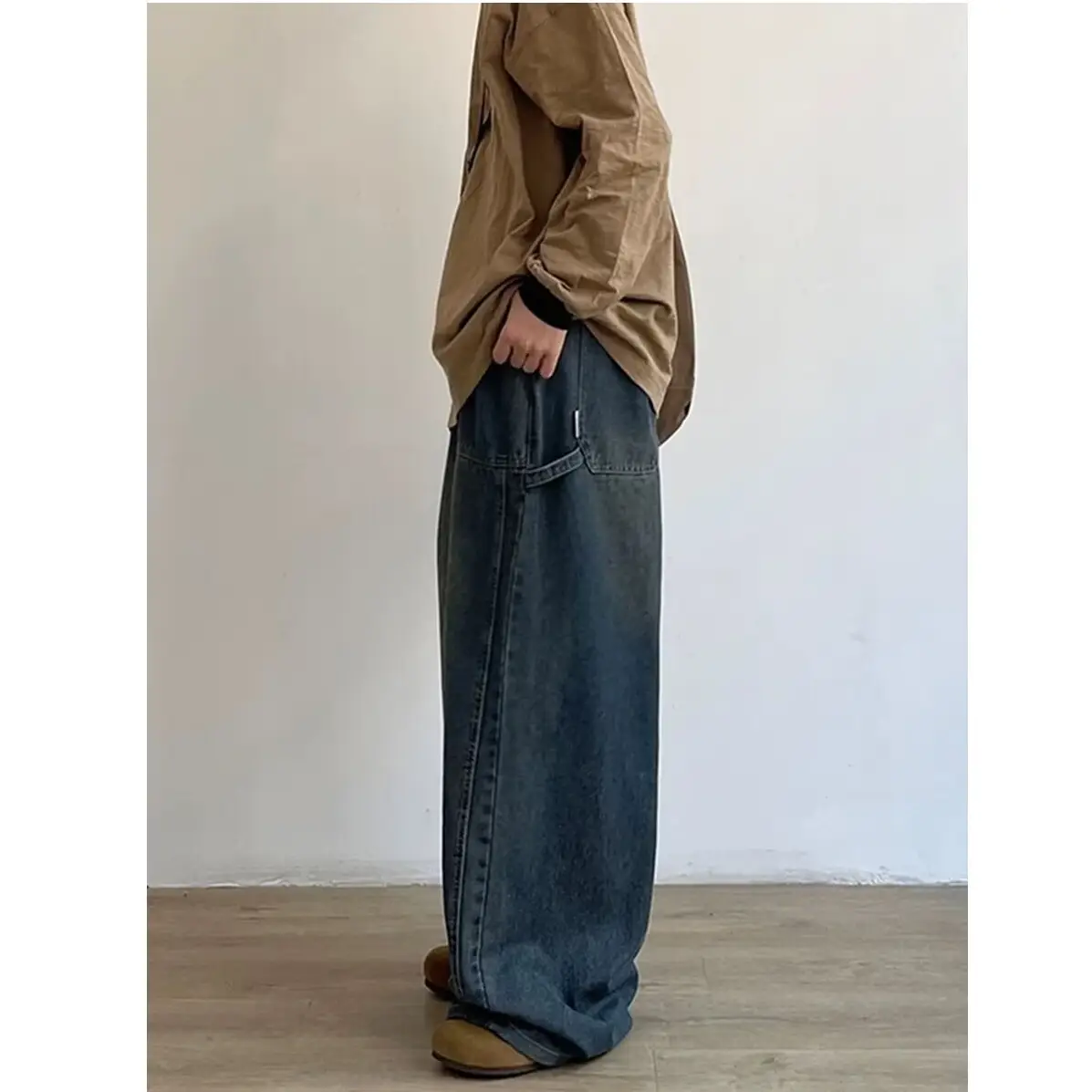 Men Wide Leg Distressed Jeans American Design High Street Washed — feature 12
