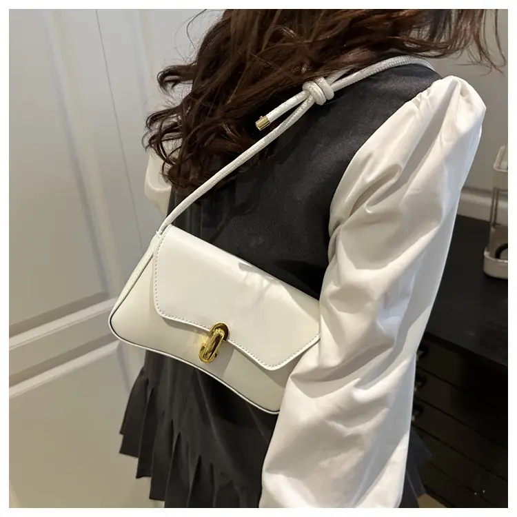White Minimalist Shoulder Bag with Gold Clasp — feature 10