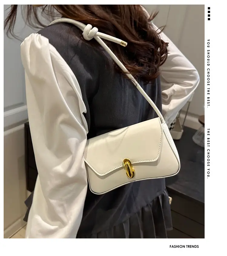 White Minimalist Shoulder Bag with Gold Clasp — feature 2