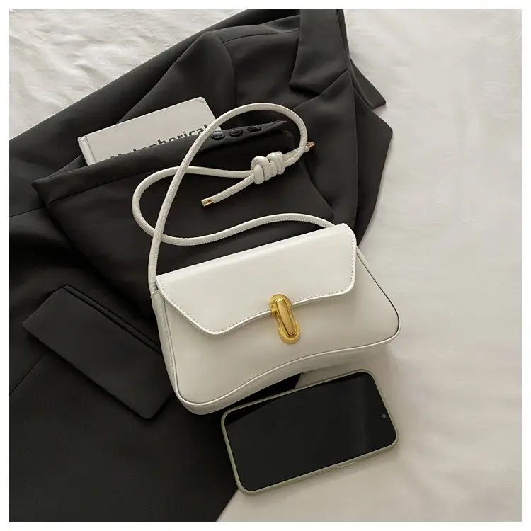 White Minimalist Shoulder Bag with Gold Clasp — feature 7