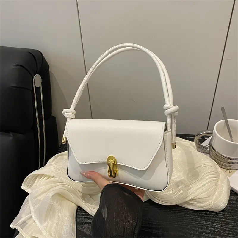 White Minimalist Shoulder Bag with Gold Clasp