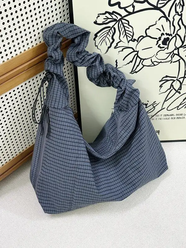 Blue Plaid Drawstring Tote Bag for Women 2025 — feature 6