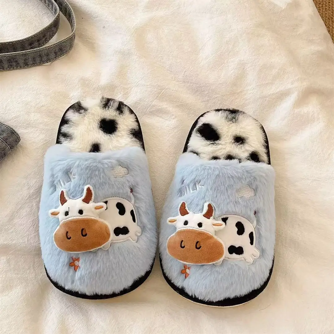 Cute Cow Cotton Slippers for Women Winter Cross-Border New Indoor Home Warm Plush Non-Slip Thick-Soled Furry Slippers - Image 3