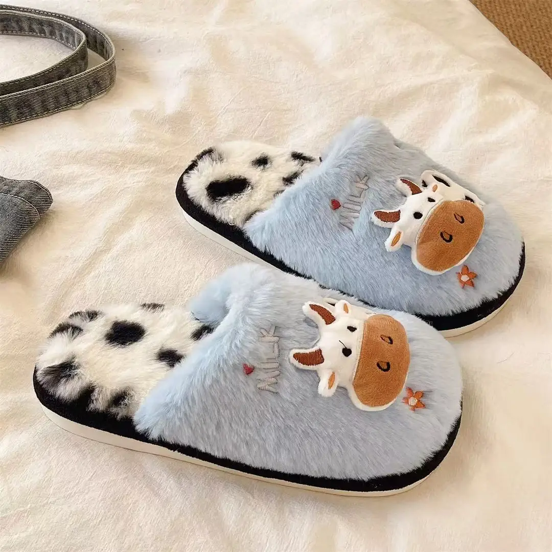 Cute Cow Cotton Slippers for Women Winter Cross-Border New Indoor Home Warm Plush Non-Slip Thick-Soled Furry Slippers - Image 4
