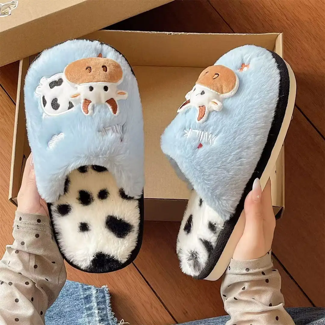 Cute Cow Cotton Slippers for Women Winter Cross-Border New Indoor Home Warm Plush Non-Slip Thick-Soled Furry Slippers - Image 5