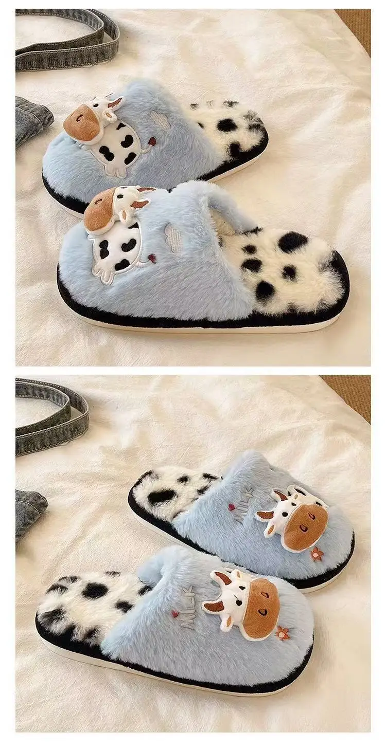 Cute Cow Cotton Slippers for Women Winter Cross-Border New Indoor Home Warm Plush Non-Slip Thick-Soled Furry Slippers — feature 2