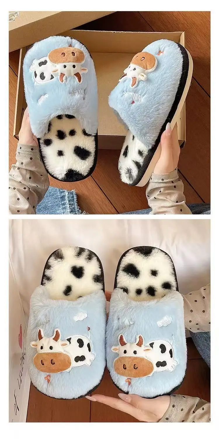 Cute Cow Cotton Slippers for Women Winter Cross-Border New Indoor Home Warm Plush Non-Slip Thick-Soled Furry Slippers — feature 5