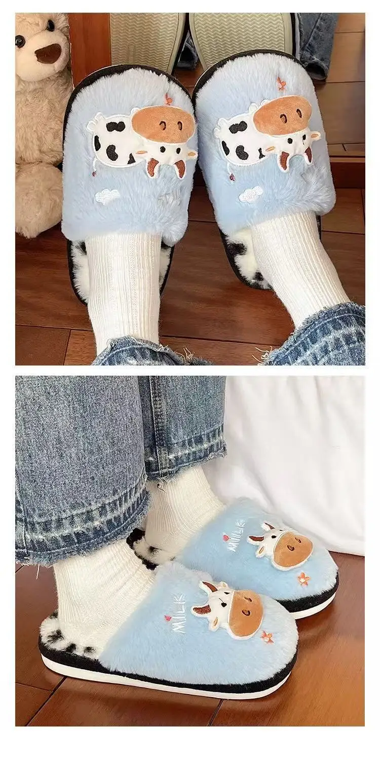 Cute Cow Cotton Slippers for Women Winter Cross-Border New Indoor Home Warm Plush Non-Slip Thick-Soled Furry Slippers — feature 6