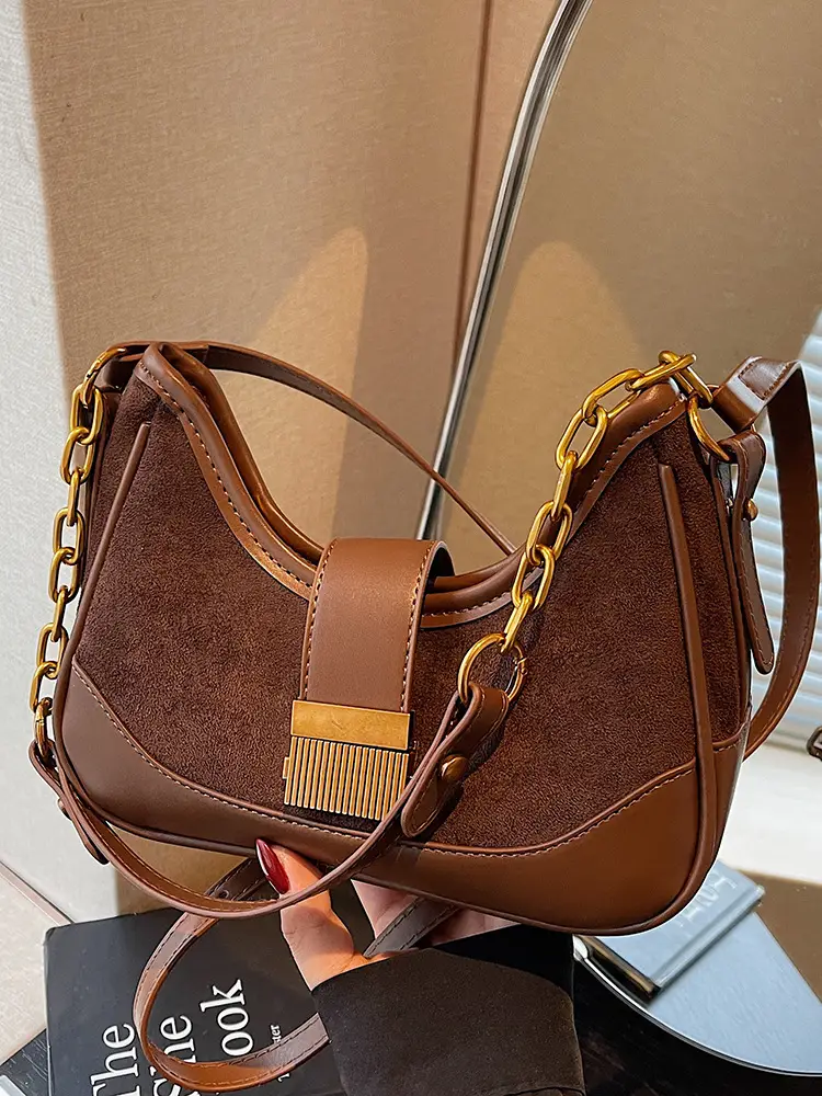 French Retro Crossbody Bag for Women Brown Leather with Gold Chain - Image 5