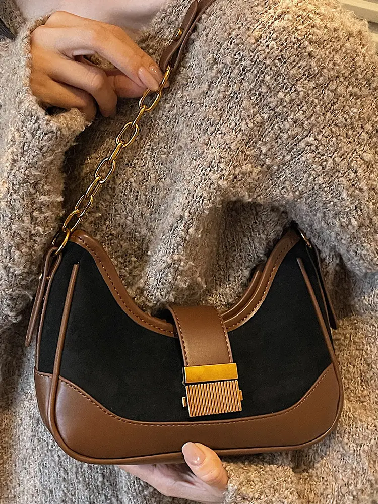 French Retro Crossbody Bag for Women Brown Leather with Gold Chain - Image 7