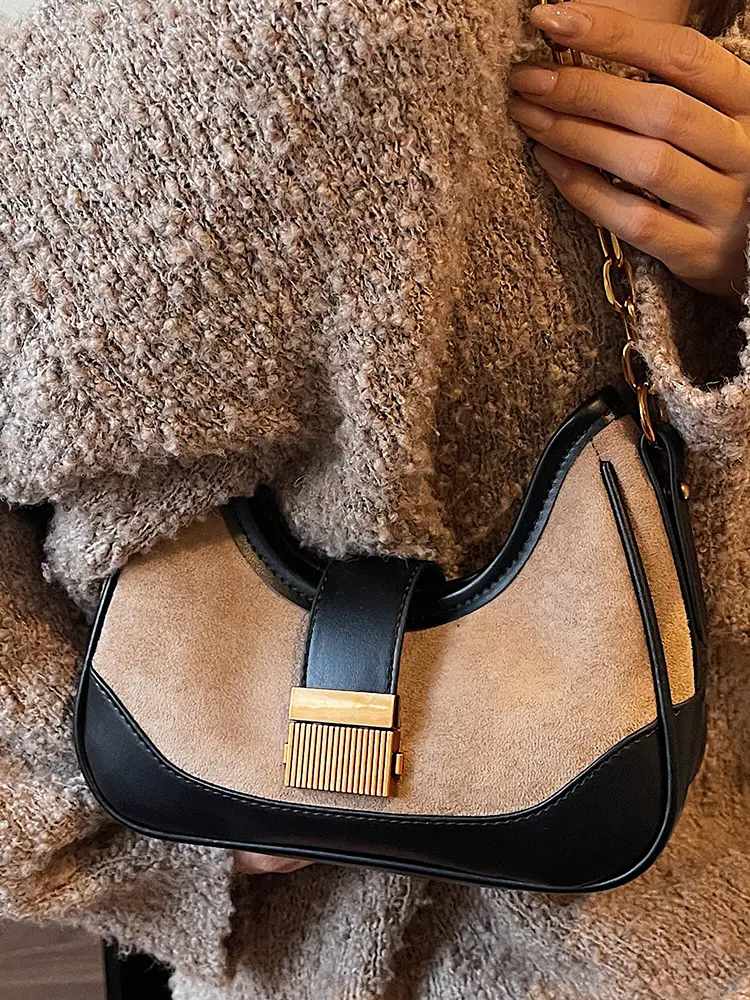 French Retro Crossbody Bag for Women Brown Leather with Gold Chain - Image 8