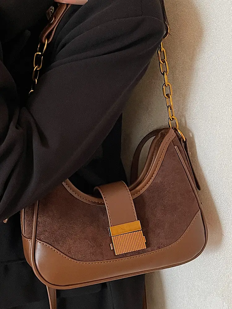French Retro Crossbody Bag for Women Brown Leather with Gold Chain - Image 9