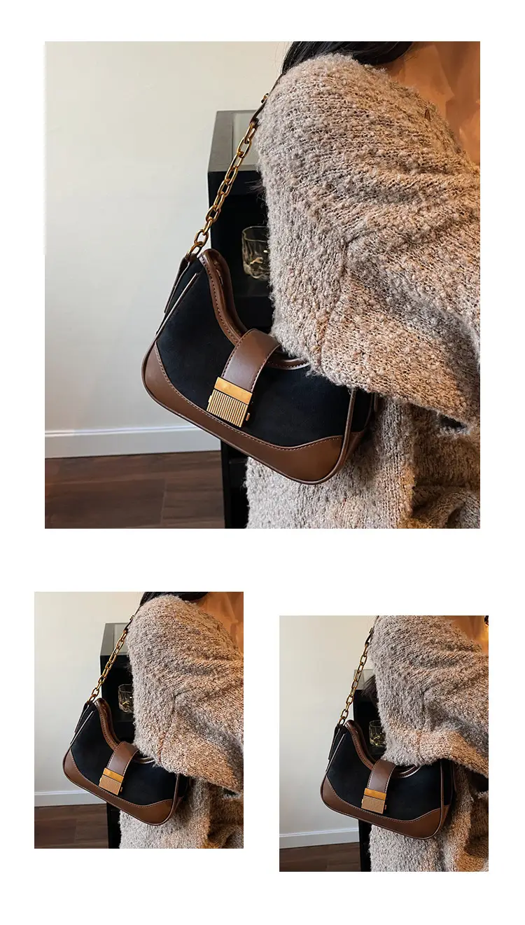 French Retro Crossbody Bag for Women Brown Leather with Gold Chain — feature 15
