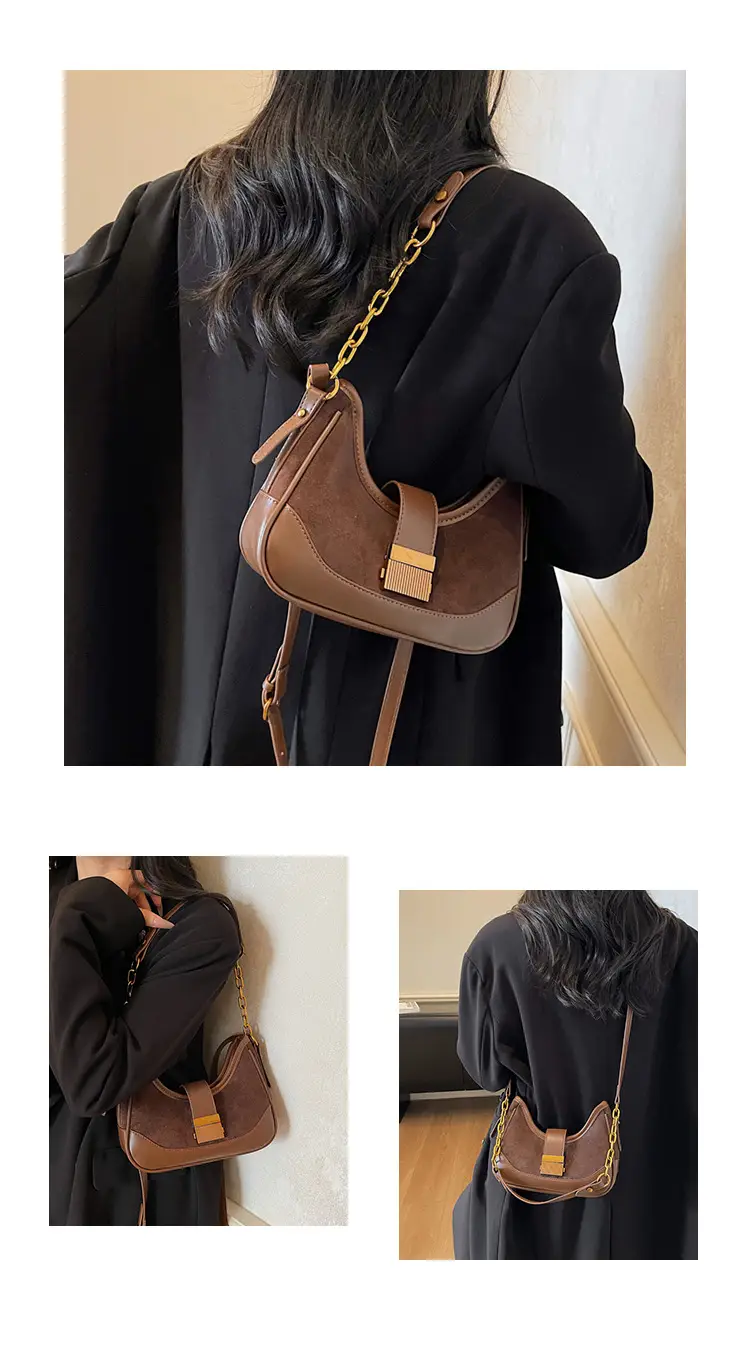 French Retro Crossbody Bag for Women Brown Leather with Gold Chain — feature 16