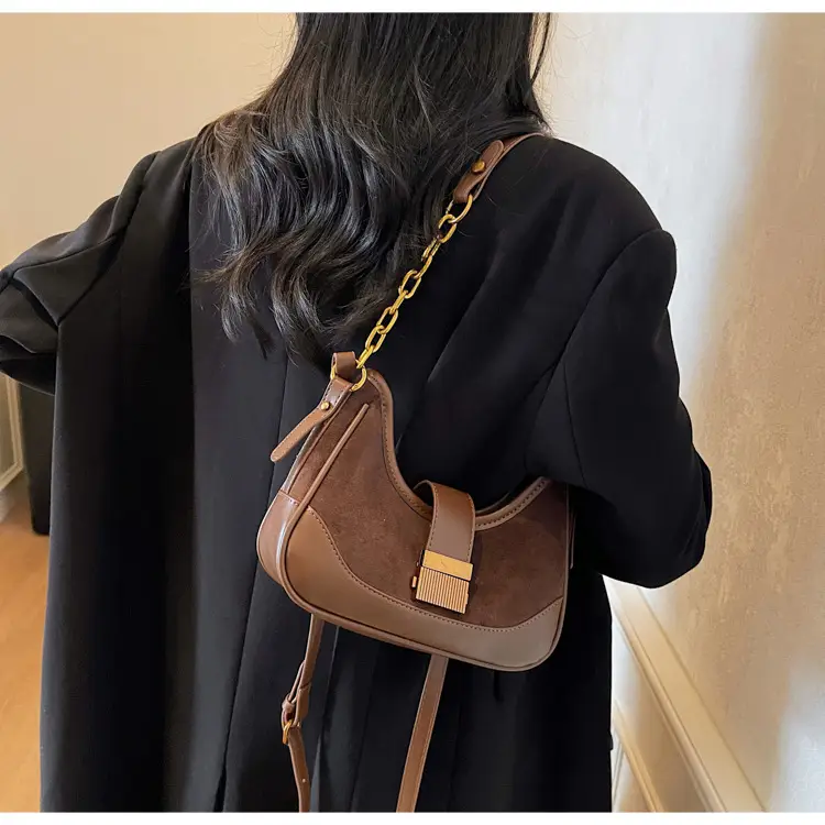 French Retro Crossbody Bag for Women Brown Leather with Gold Chain — feature 20