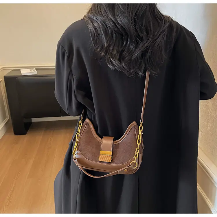 French Retro Crossbody Bag for Women Brown Leather with Gold Chain — feature 21