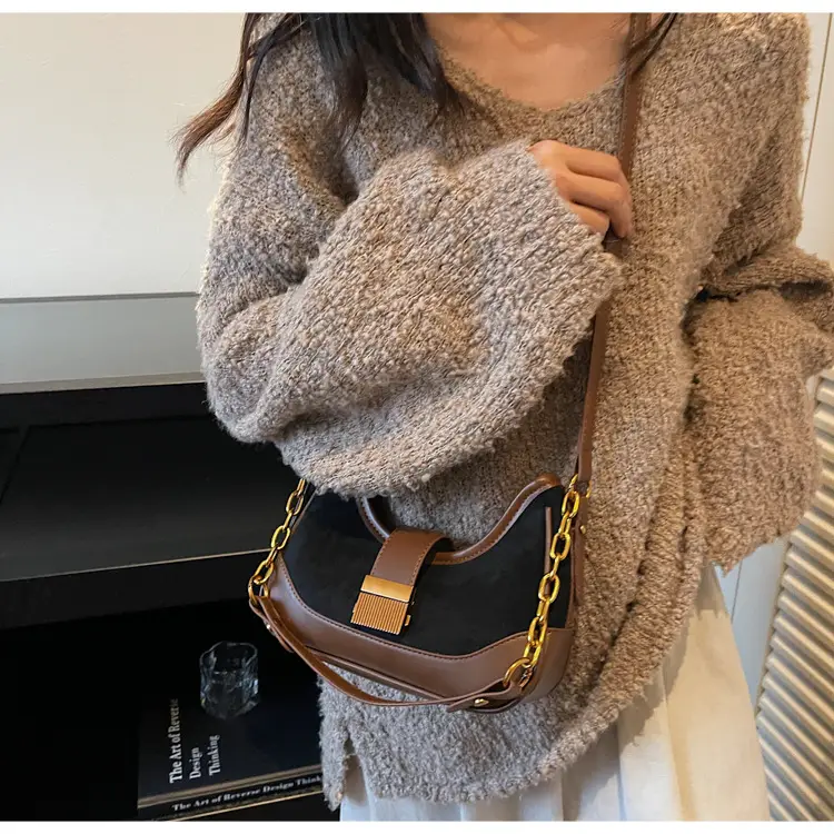 French Retro Crossbody Bag for Women Brown Leather with Gold Chain — feature 22