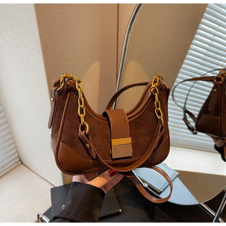 French Retro Crossbody Bag for Women Brown Leather with Gold Chain — feature 26