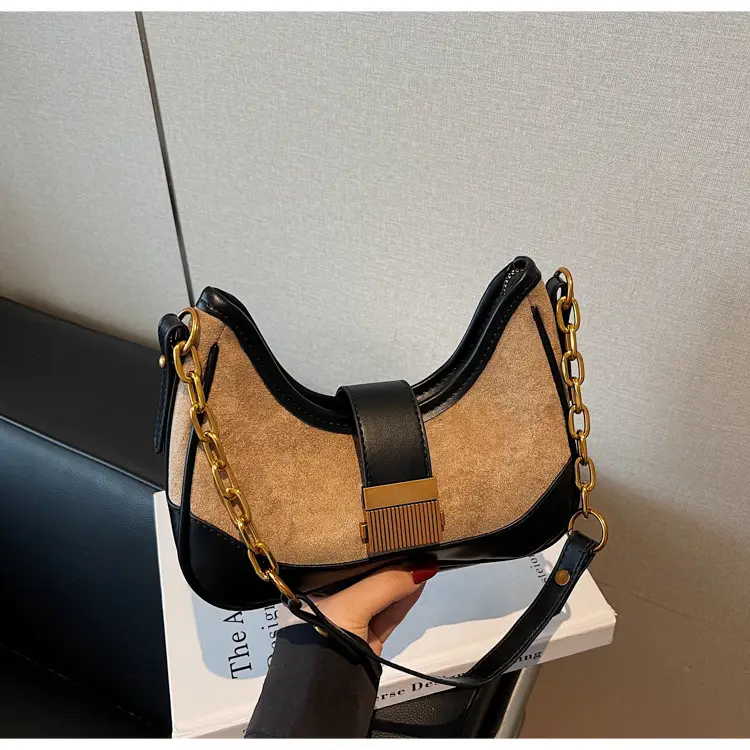 French Retro Crossbody Bag for Women Brown Leather with Gold Chain — feature 28