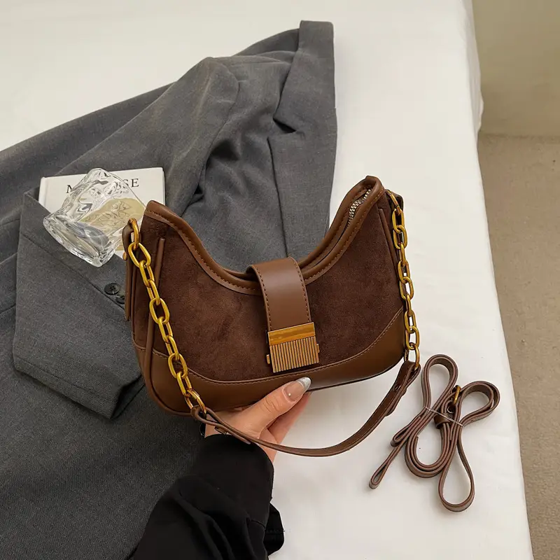 French Retro Crossbody Bag for Women Brown Leather with Gold Chain - Image 4