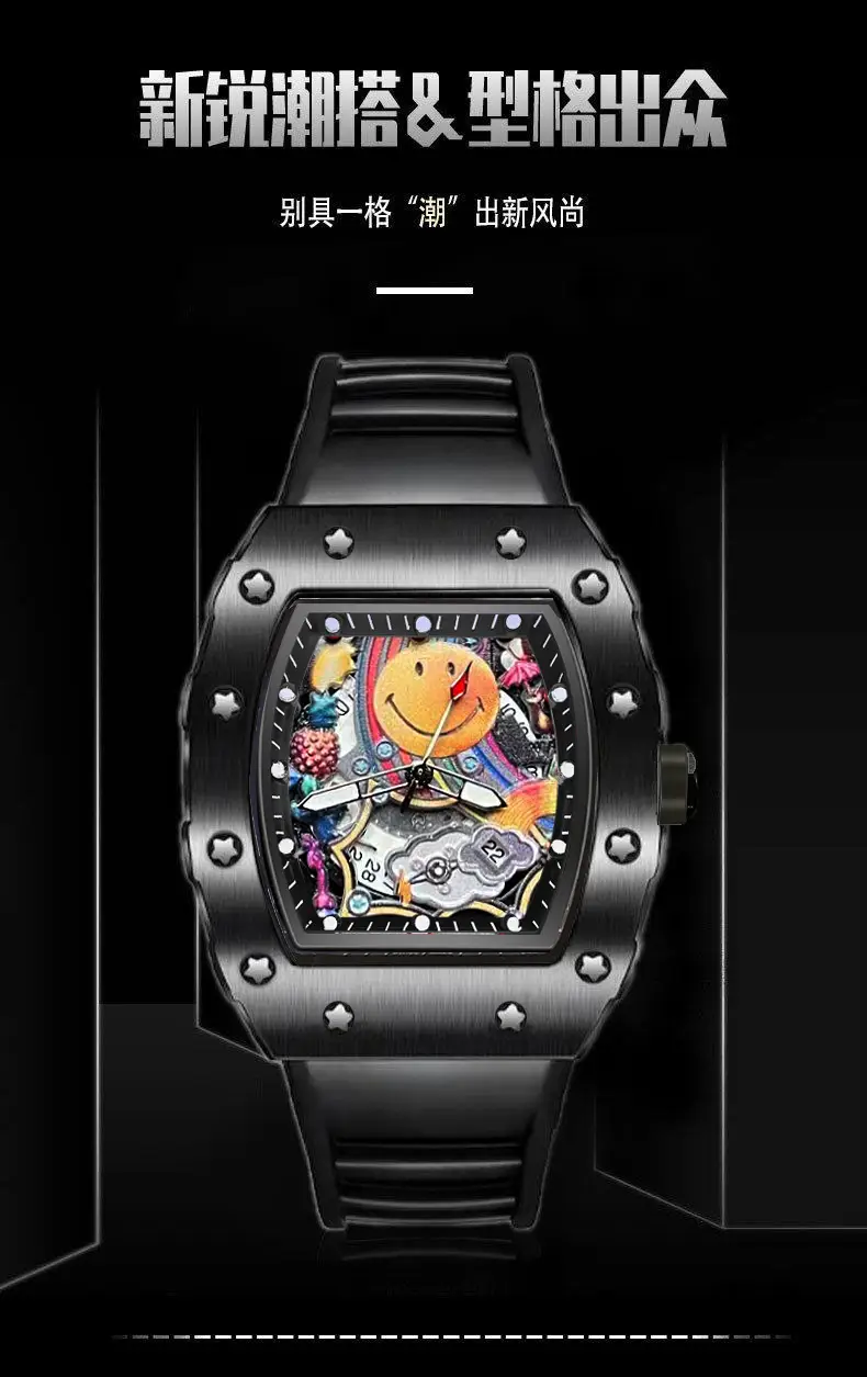 Smiley Richard Series Men's Watch Casual Fashion Quartz Watch Domineering Luminous Barrel-Shaped Watch Foreign Trade Hot Model — feature 4