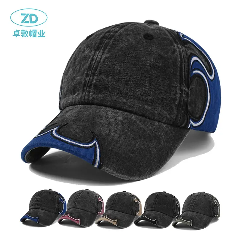 Men's Flame Embroidered Wash Cotton Cap Blue - Image 6