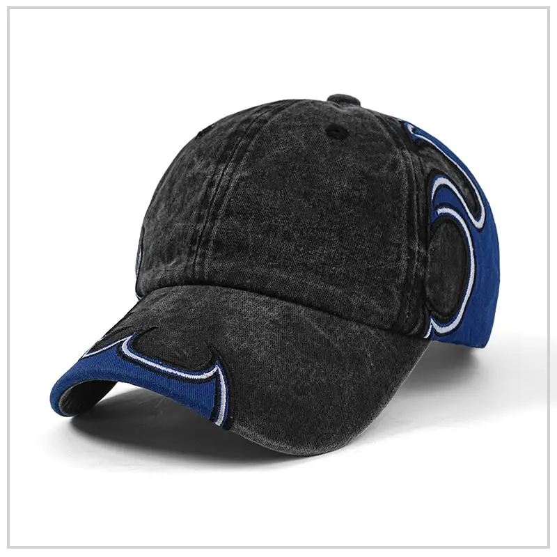 Men's Flame Embroidered Wash Cotton Cap Blue - Image 2
