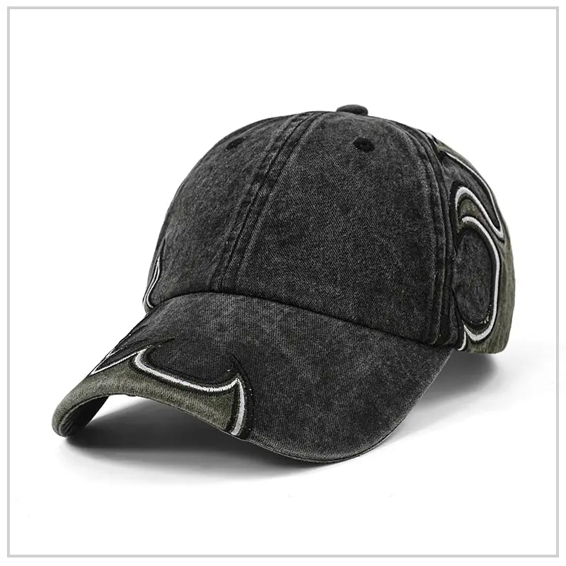 Men's Flame Embroidered Wash Cotton Cap Blue - Image 5