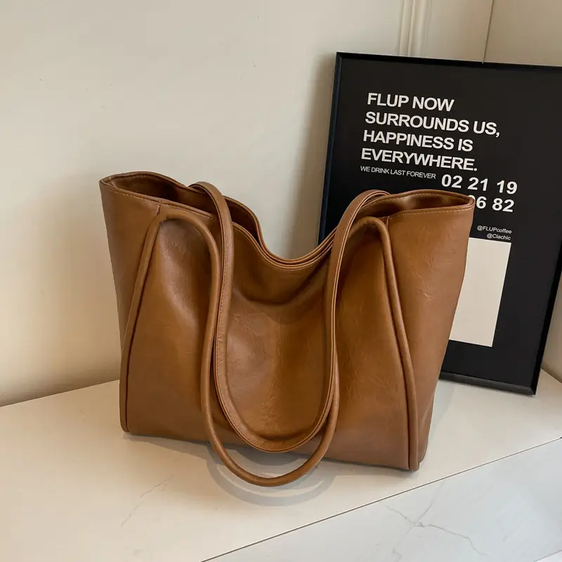 Large Capacity Women's Leather Tote Bag Brown - Image 3