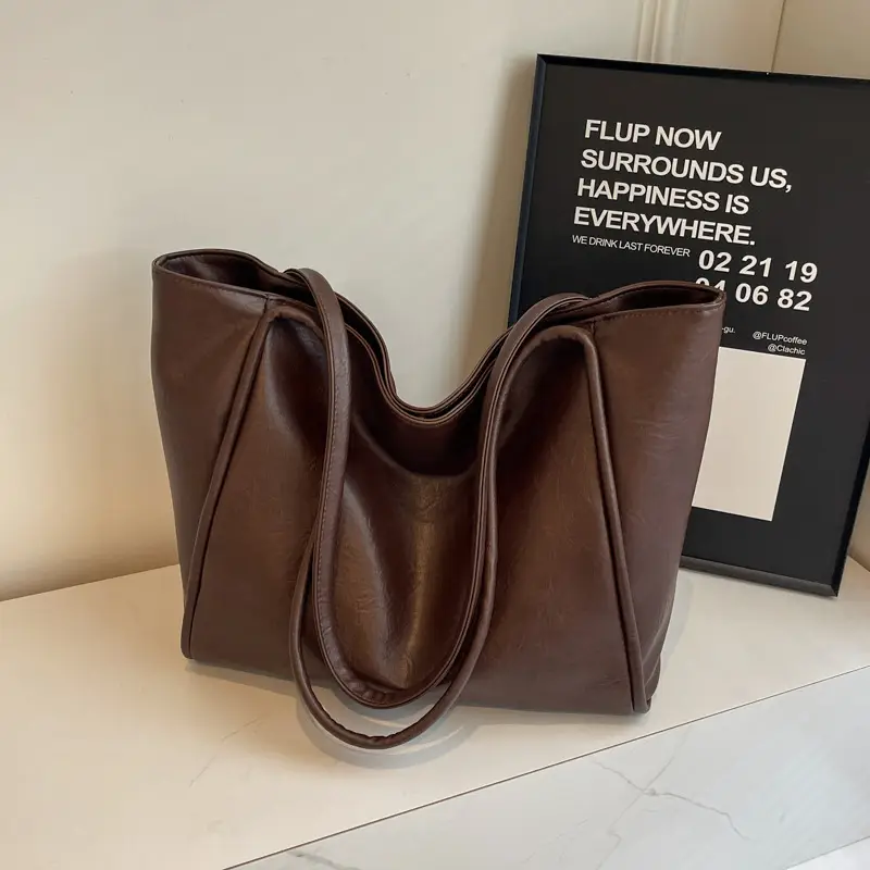 Large Capacity Women's Leather Tote Bag Brown - Image 4