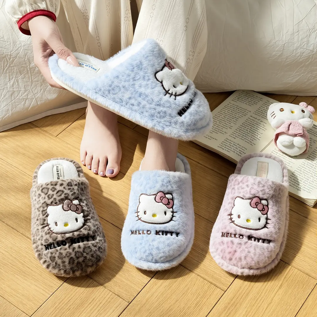 Nanbowan Leopard Print Kitty~Sweet and Cool Hot Girl Style Sanrio Winter Warm Anti-Slip Home Indoor Cotton Slippers for Women