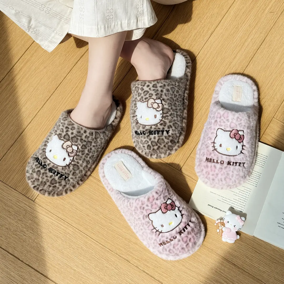 Nanbowan Leopard Print Kitty~Sweet and Cool Hot Girl Style Sanrio Winter Warm Anti-Slip Home Indoor Cotton Slippers for Women