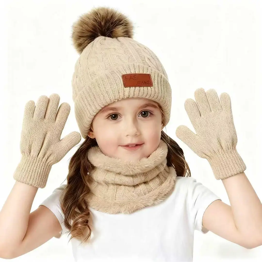 2025 New Kidsren's Hat, Scarf and Gloves Three-Piece Set Autumn and Winter New Warm Baby Woolen Hat Knitted Scarf