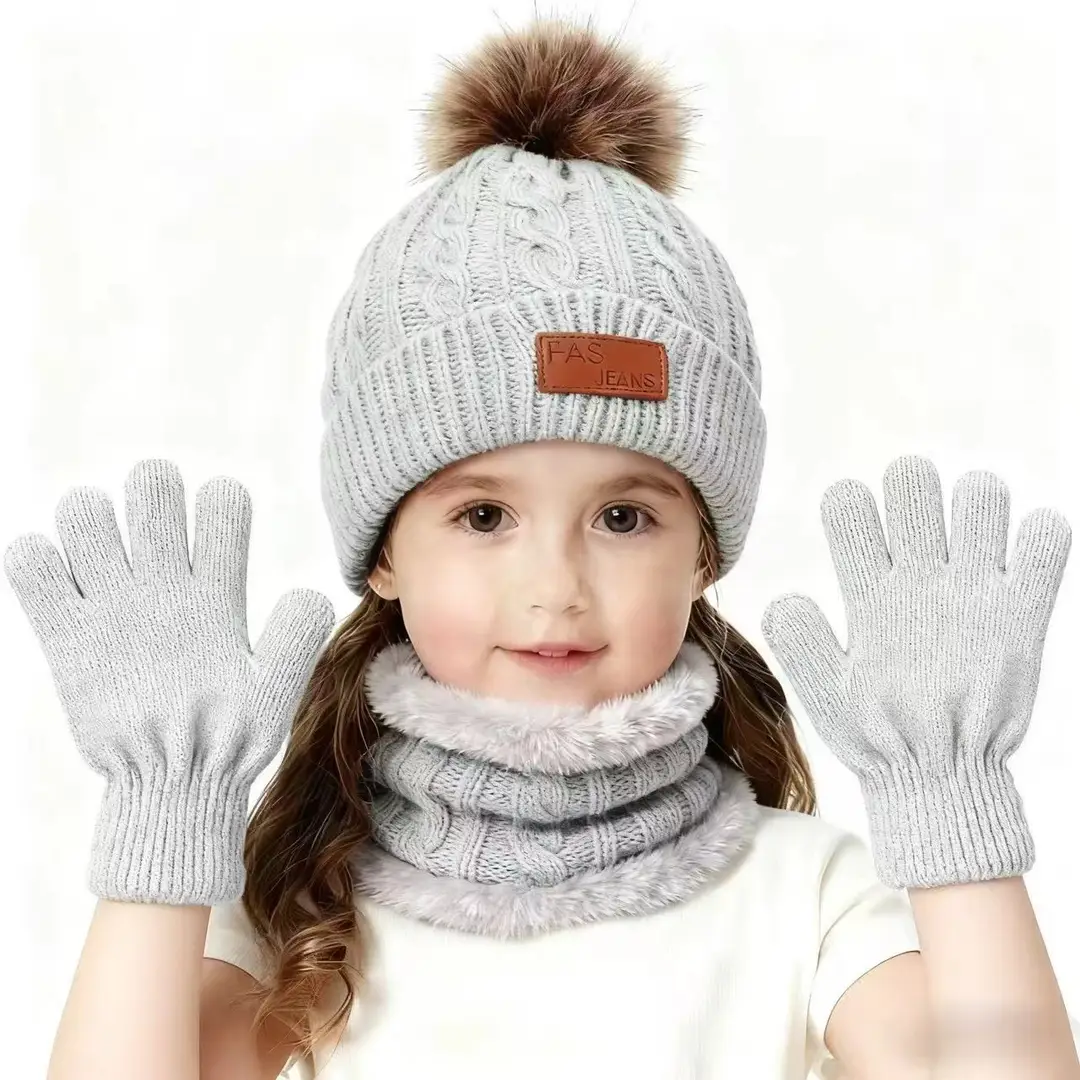 2025 New Kidsren's Hat, Scarf and Gloves Three-Piece Set Autumn and Winter New Warm Baby Woolen Hat Knitted Scarf
