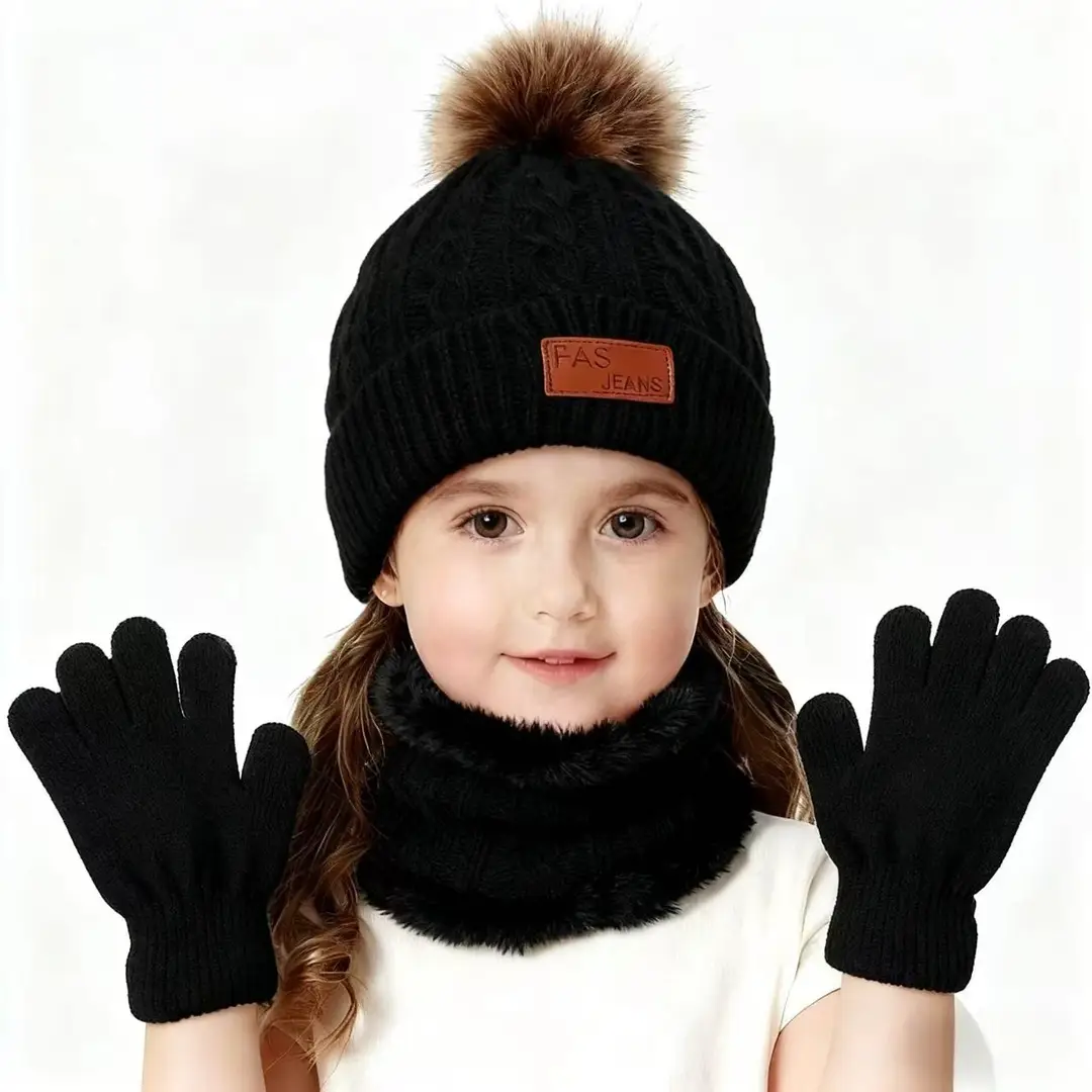 2025 New Kidsren's Hat, Scarf and Gloves Three-Piece Set Autumn and Winter New Warm Baby Woolen Hat Knitted Scarf
