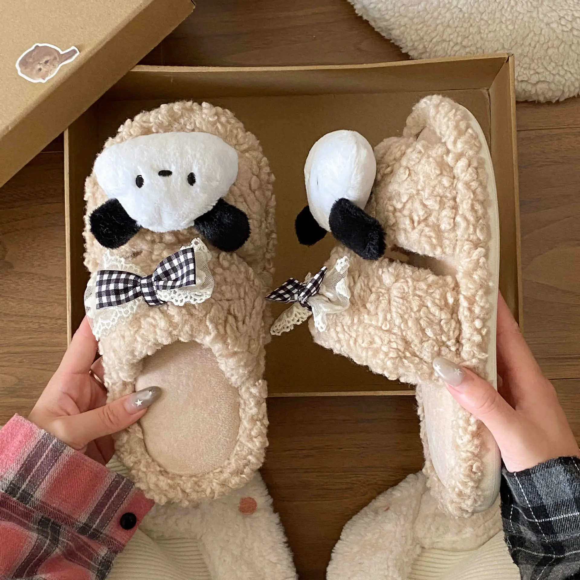 Winter Furry Bow Pacha Dog Flats for Women