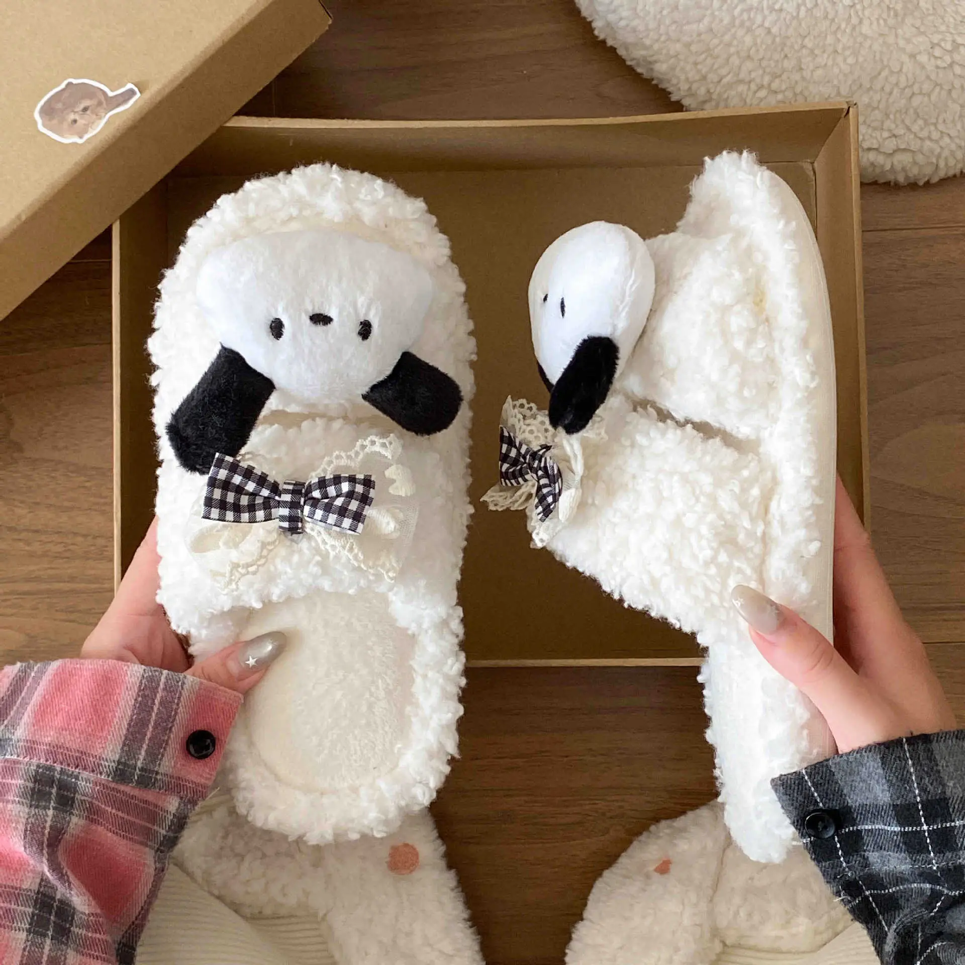 Winter Furry Bow Pacha Dog Flats for Women