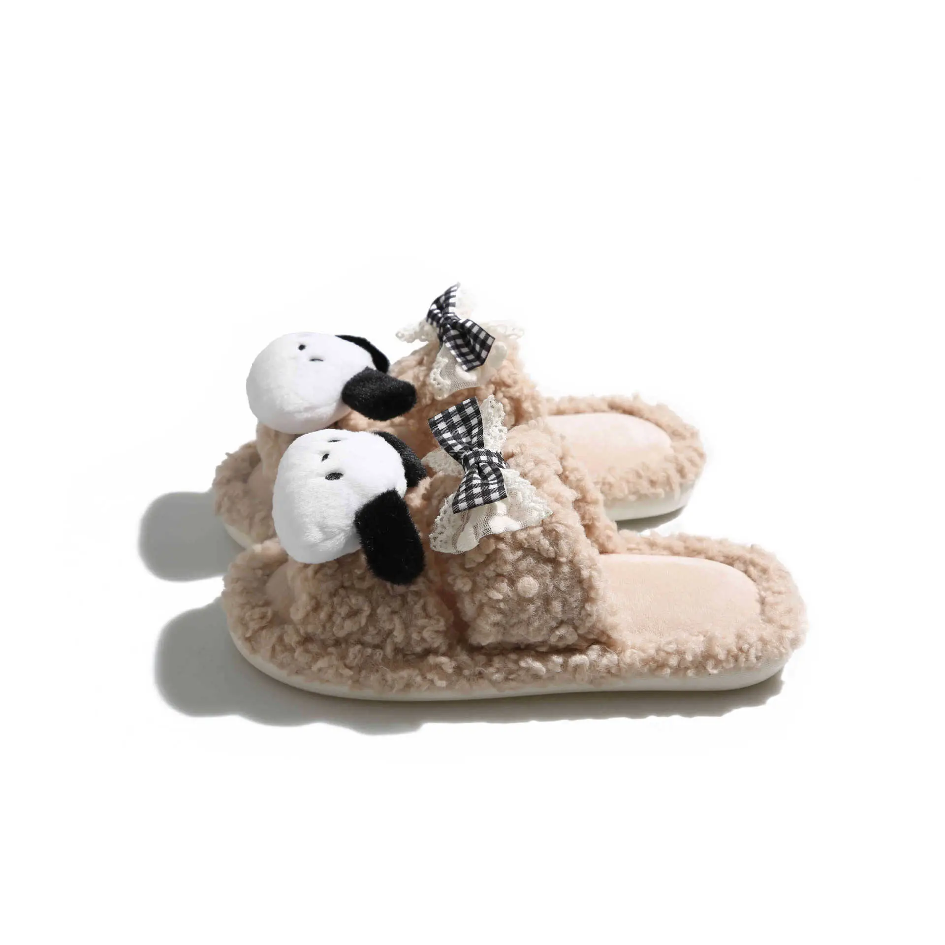 Winter Furry Bow Pacha Dog Flats for Women