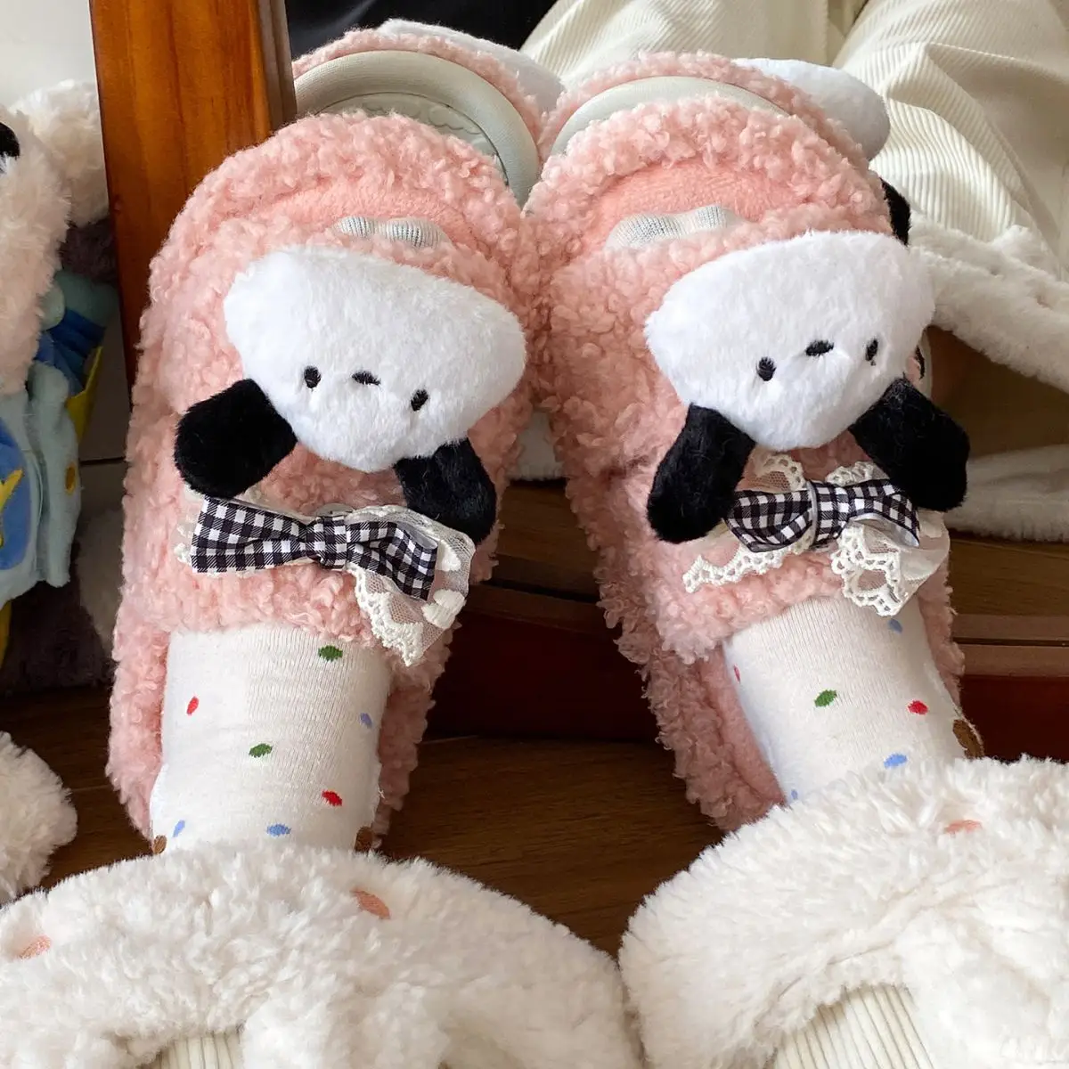Winter Furry Bow Pacha Dog Flats for Women — feature 27