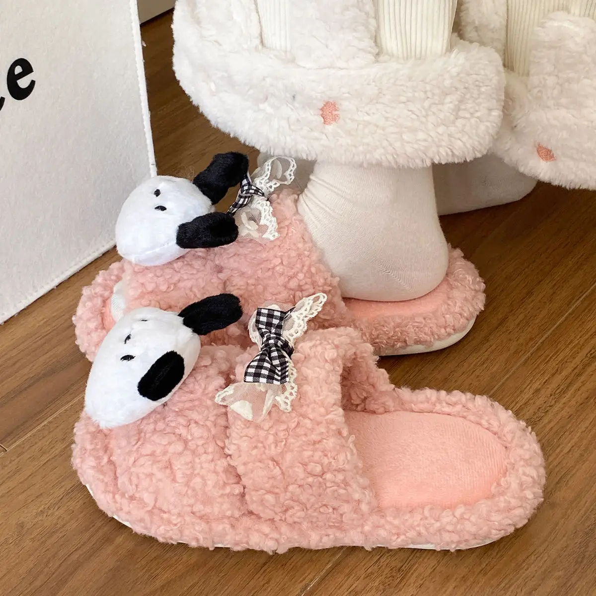Winter Furry Bow Pacha Dog Flats for Women — feature 32