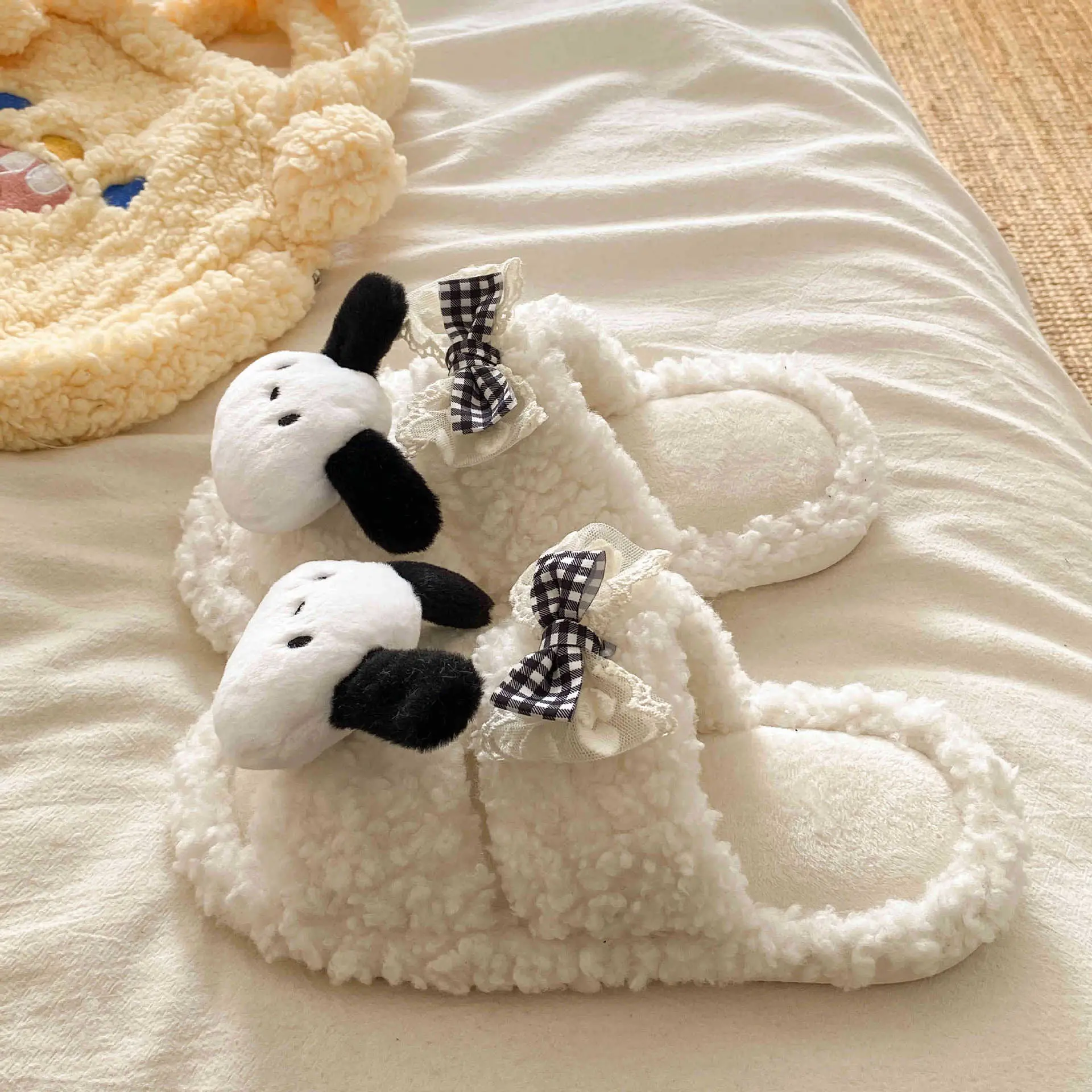 Winter Furry Bow Pacha Dog Flats for Women