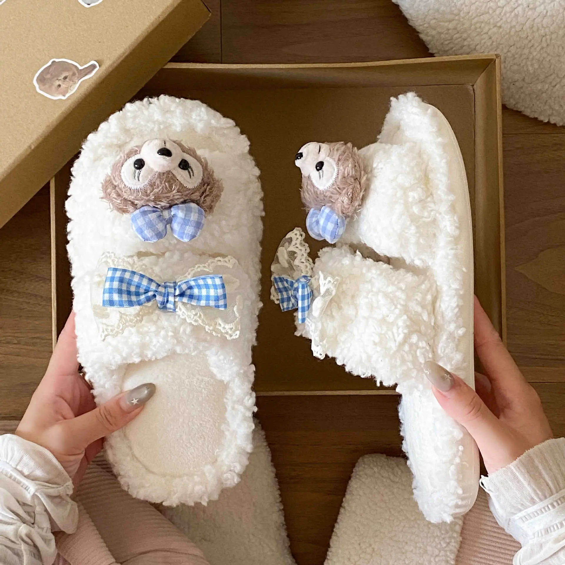 Cartoon Bear Fur Slippers Warm Cotton Non-Tiring - Image 3