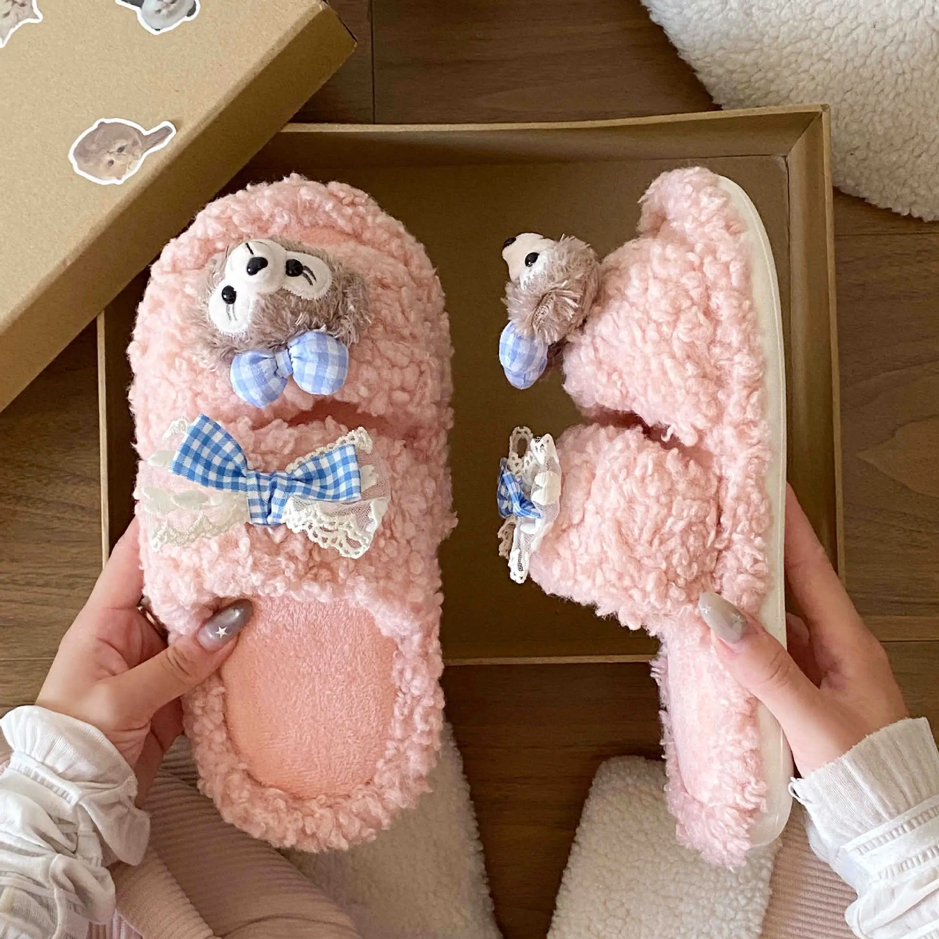 Cartoon Bear Fur Slippers Warm Cotton Non-Tiring - Image 4