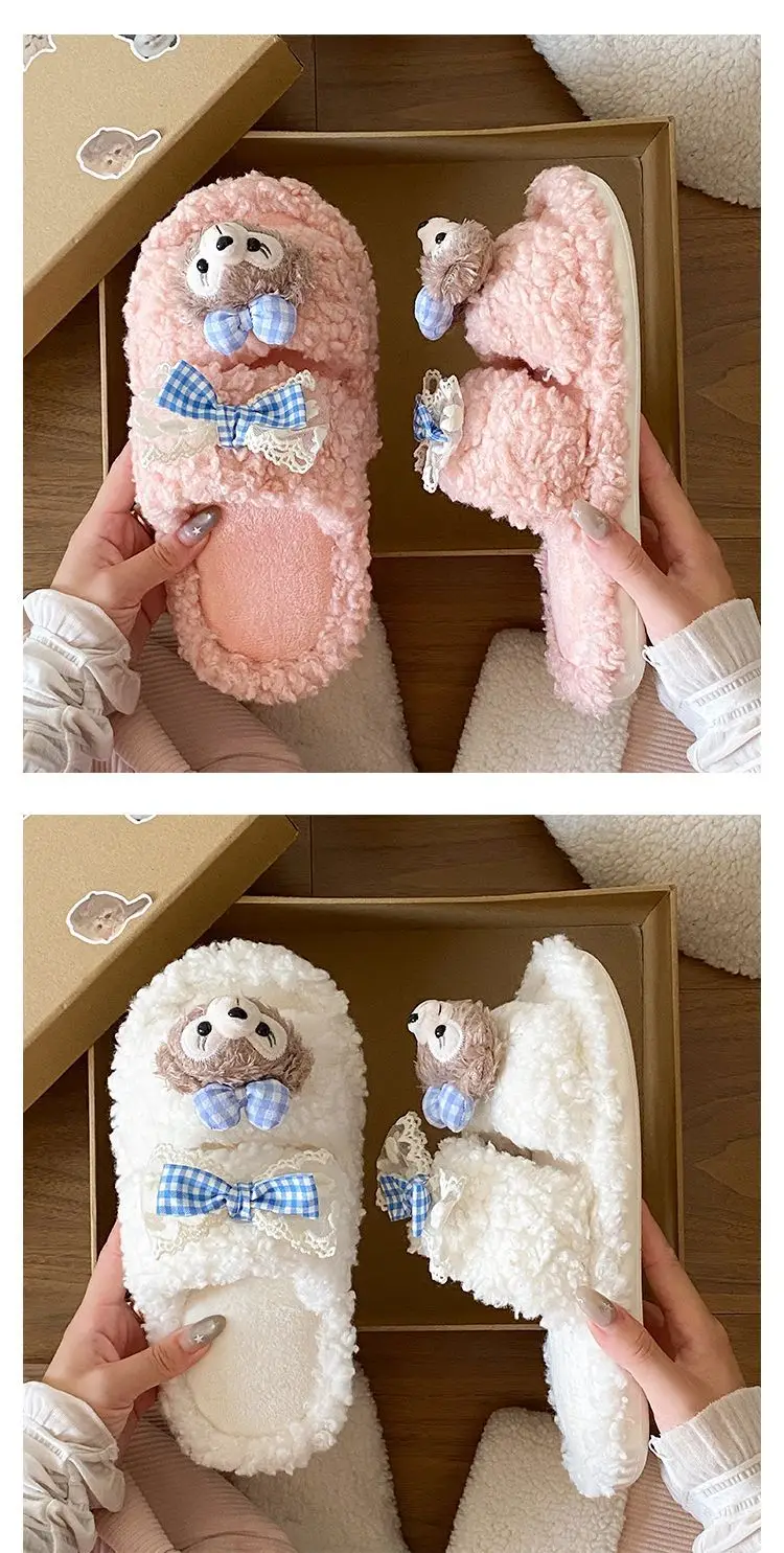 Cartoon Bear Fur Slippers Warm Cotton Non-Tiring — feature 19