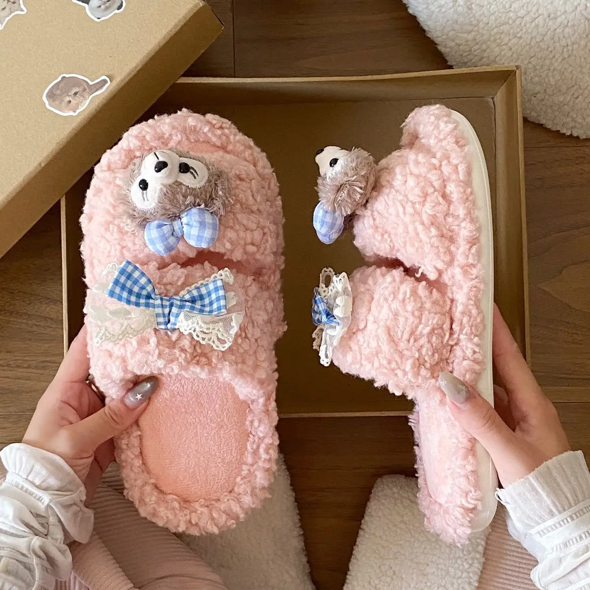 Cartoon Bear Fur Slippers Warm Cotton Non-Tiring — feature 25