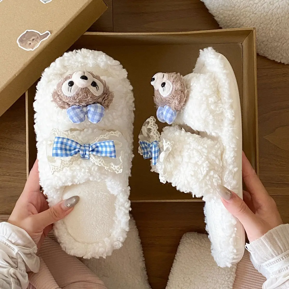 Cartoon Bear Fur Slippers Warm Cotton Non-Tiring — feature 26
