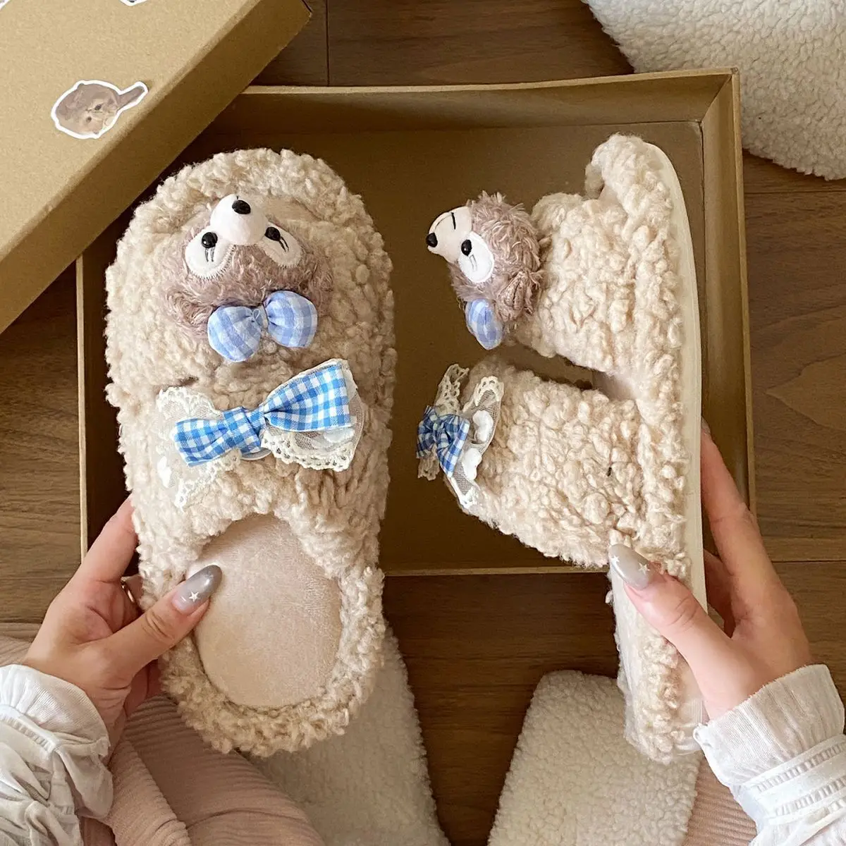 Cartoon Bear Fur Slippers Warm Cotton Non-Tiring — feature 27