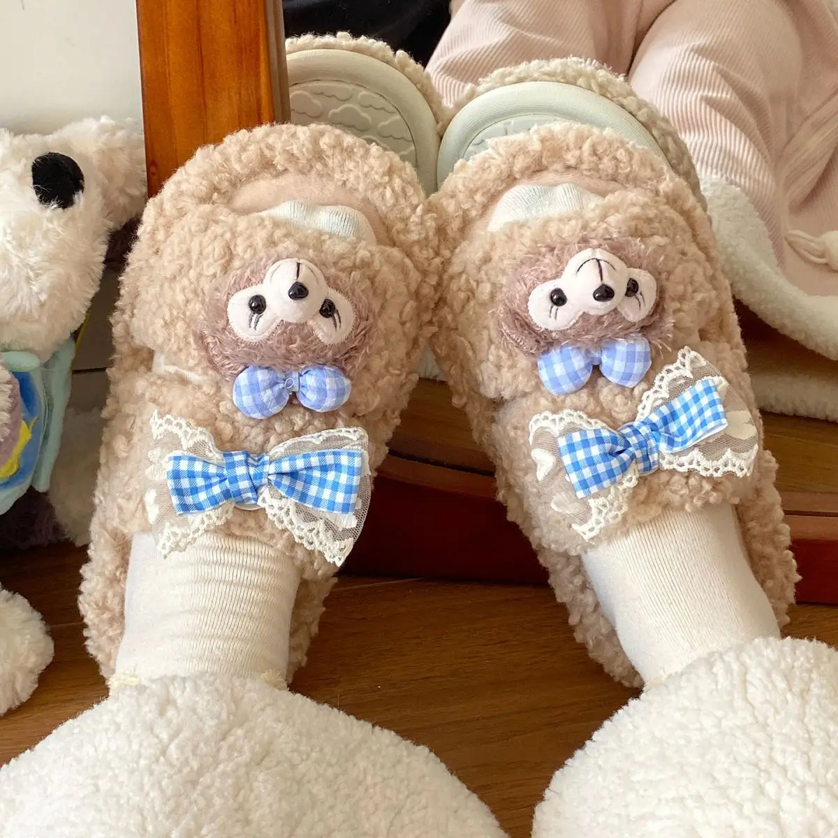 Cartoon Bear Fur Slippers Warm Cotton Non-Tiring — feature 30