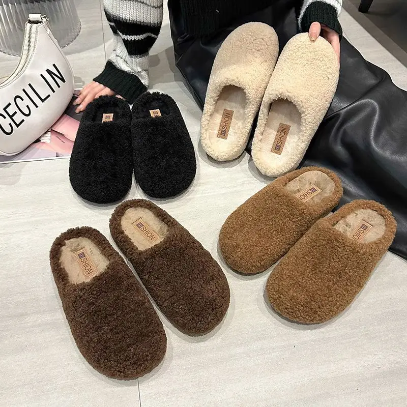2025 New Autumn and Winter Baotou Fur Slippers for Women to Wear Flat-Soled Plush Warm Indoor Cotton Slippers Wholesale